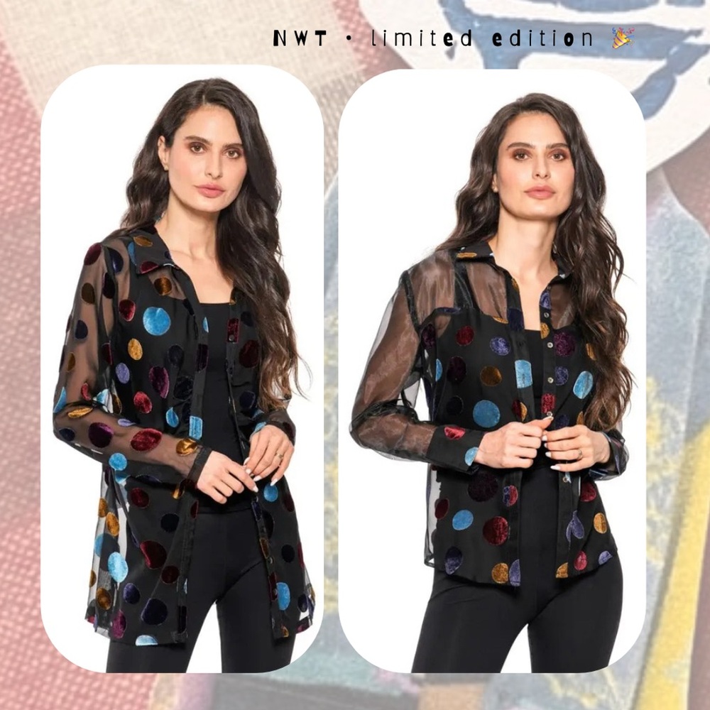 🆕 🎉 Adore black sheer mesh organza button up multicolor puffy polka dots